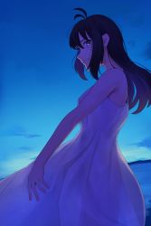 Rule 34 | 1girl, antenna hair, backlighting, bare arms, bare shoulders, black hair, breasts, cowboy shot, dark, dress, dusk, from side, highres, kis sako, light smile, long hair, looking at viewer, original, outdoors, parted lips, profile, see-through silhouette, sidelocks, sleeveless, sleeveless dress, solo, standing, sundress, white dress