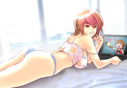 Rule 34 | 1girl, ass, bad id, bad pixiv id, breasts, brown eyes, brown hair, camisole, computer, covered erect nipples, indoshiki, keyboard (computer), laptop, large breasts, lying, meiko (vocaloid), nail polish, o o, on stomach, panties, red nails, short hair, solo, underwear, vocaloid