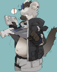 Rule 34 | !, 1boy, arknights, belly, black gloves, black jacket, blush, book, claws, clothes lift, commentary request, disembodied limb, ear piercing, eyebrow piercing, fingerless gloves, furry, furry male, gloves, green background, grey pants, grey shirt, highres, holding, holding book, hood, hooded jacket, hyena boy, hyena ears, hyena tail, infection monitor (arknights), jacket, looking down, male focus, manga (object), multicolored hair, pants, piercing, plump, shirt, shirt lift, siratama (si-ra-ta-ma3), speech bubble, spoken exclamation mark, spot (arknights), streaked hair