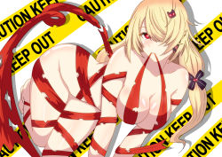 Rule 34 | 1girl, 2bls, bare shoulders, blonde hair, breasts, caution tape, cleavage, hair ornament, hair over one eye, hairclip, highres, keep out, large breasts, long hair, looking at viewer, nemesis (tower of fantasy), no bra, no panties, no pants, no shirt, no shoes, red eyes, smile, solo, thighs, tower of fantasy, white background