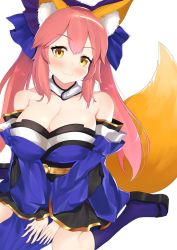 Rule 34 | 1girl, animal ear fluff, animal ears, bare back, blue kimono, blue legwear, blue ribbon, blush, breasts, cleavage, collarbone, detached sleeves, fate/extra, fate/extra ccc, fate/grand order, fate (series), fox ears, fox girl, fox tail, hair ribbon, highres, japanese clothes, keiran (irodorixy), kimono, large breasts, looking at viewer, pink hair, ribbon, simple background, solo, tail, tamamo (fate), tamamo no mae (fate/extra), thighs, white background, yellow eyes
