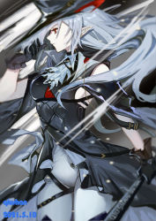 Rule 34 | 1girl, absurdres, arknights, artist name, ascot, black gloves, black hat, cowboy shot, dated, diao bu landuo, floating hair, from side, gladiia (arknights), gloves, grey ascot, grey hair, hat, highres, holding, holding sword, holding weapon, long hair, looking to the side, pants, pointy ears, red eyes, solo, sword, very long hair, weapon, white pants