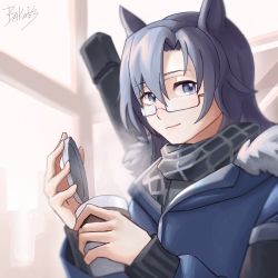 Rule 34 | 1girl, animal ears, arknights, artist name, bakage, black scarf, blue coat, blue eyes, blue hair, coat, coffee cup, cup, disposable cup, fang (arknights), fang (cruciata) (arknights), fur-trimmed coat, fur trim, glasses, highres, holding, holding cup, horse ears, indoors, long hair, long sleeves, looking at viewer, official alternate costume, plaid, plaid scarf, rectangular eyewear, scarf, semi-rimless eyewear, signature, smile, solo, under-rim eyewear
