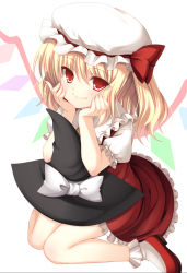 Rule 34 | 1girl, ascot, bare legs, blonde hair, blush, bobby socks, embodiment of scarlet devil, female focus, flandre scarlet, hands on own face, hat, hat ribbon, head rest, looking at viewer, red eyes, ribbon, short hair, side ponytail, simple background, sitting, smile, socks, solo, touhou, wariza, wings, witch hat, yukizuki chikuba