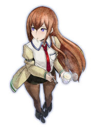Rule 34 | 1girl, brown hair, butcha-u, eating, food, foreshortening, holding, legs, long hair, makise kurisu, mouth hold, nissin cup noodle, pantyhose, pigeon-toed, purple eyes, shorts, solo, standing, steins;gate