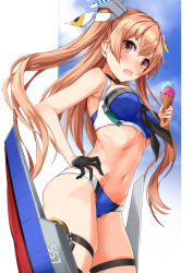 Rule 34 | 1girl, alternate costume, bikini, black gloves, black neckwear, blue bikini, blush, breasts, brown eyes, cleavage, commentary request, fang, food, gloves, groin, hair between eyes, highres, holding, holding food, ice cream cone, johnston (kancolle), kantai collection, light brown hair, long hair, looking at viewer, medium breasts, navel, open mouth, rigging, sidelocks, single glove, skin fang, skindentation, solo, stomach, swimsuit, takanashi kei (hitsujikan), thigh strap, two side up