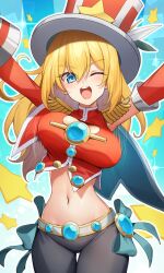Rule 34 | 1girl, agibe, arms up, belt, blonde hair, blue eyes, bouncing breasts, bow, breasts, detached sleeves, duel monster, hat, highres, large breasts, long hair, long sleeves, midriff, narrow waist, navel, one eye closed, open mouth, pants, pendulum witch, single detached sleeve, solo, star (symbol), stomach, yu-gi-oh!