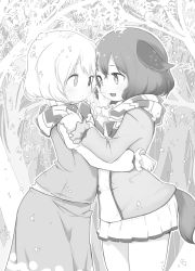 Rule 34 | 2girls, animal ears, blush, dog ears, done (donezumi), eye contact, fang, frilled sleeves, frills, greyscale, hair between eyes, hand on another&#039;s cheek, hand on another&#039;s face, heterochromia, highres, kasodani kyouko, long sleeves, looking at another, monochrome, multiple girls, open mouth, pleated skirt, scarf, shared clothes, shared scarf, short hair, skirt, smile, snow, tail, tatara kogasa, touhou, tree, yuri