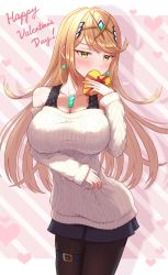 Rule 34 | 1girl, absurdres, alternate costume, aran sweater, blonde hair, breasts, cable knit, chest jewel, earrings, gem, headpiece, highres, jewelry, large breasts, long hair, mythra (xenoblade), pantyhose, solo, sweater, swept bangs, taro (peach taro51), tiara, valentine, very long hair, xenoblade chronicles (series), xenoblade chronicles 2, yellow eyes