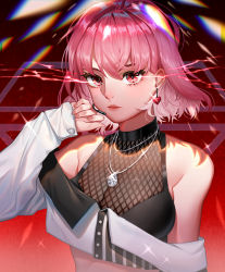 Rule 34 | 1girl, absurdres, bare shoulders, breasts, buttons, cleavage, crop top, diamond (gemstone), earrings, fishnets, gradient background, hand up, heart, heart earrings, highres, illian-san, jewelry, lapel pin, long sleeves, looking at viewer, medium breasts, necklace, off-shoulder shirt, off shoulder, original, pink hair, red eyes, shirt, short hair, solo, upper body, white shirt