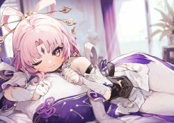 Rule 34 | 1girl, ;), bare shoulders, blurry, blurry background, bow-shaped hair, closed mouth, commentary, constellation print, coria, cowboy shot, curtains, earrings, forehead jewel, fu xuan (honkai: star rail), hair ornament, hair stick, head on pillow, highres, honkai: star rail, honkai (series), indoors, jewelry, light particles, long hair, looking at viewer, lying, on bed, on side, one eye closed, orange eyes, pantyhose, pink hair, plant, potted plant, skirt, smile, solo, symbol-only commentary, tassel, tassel earrings, white pantyhose, white skirt, white sleeves, window