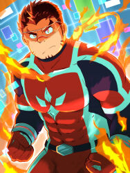 Rule 34 | 1boy, akashi (live a hero), bara, bodysuit, bulge, clenched hand, covered abs, cowboy shot, facial hair, fiery aura, frown, goatee, goggles, highres, large pectorals, live a hero, long sideburns, looking at viewer, male focus, muscular, muscular male, pectorals, red bodysuit, red eyes, red hair, sanpaku, scar, scar on face, scar on nose, short hair, sideburns, solo, strongman waist, thick eyebrows, wada terunosuke