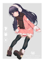 Rule 34 | 1girl, absurdres, amoeba yuanchong, black hair, black thighhighs, blush, boots, brown footwear, brown scarf, closed mouth, coat, earmuffs, grey background, highres, long hair, long sleeves, looking at viewer, mittens, original, pink coat, pink eyes, scarf, simple background, sleeves past wrists, solo, thighhighs, translation request, very long hair