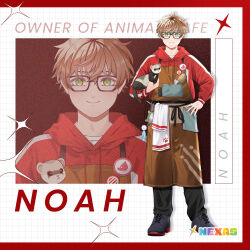 Rule 34 | 1boy, animal, black-framed eyewear, black footwear, black pants, boots, brown hair, brown overalls, character name, charm (object), closed mouth, commentary, english commentary, english text, full body, glasses, green eyes, grid, hair between eyes, hand on own hip, holding, holding animal, hood, hoodie, logo, male focus, nexas (vtuber agency), no 1pafu, noah (nexas), official art, overalls, pants, paw print, pin, red hoodie, shirt, standing, towel, virtual youtuber, white shirt