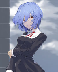 Rule 34 | 1girl, ayanami rei, black dress, blue hair, blurry, blurry background, closed mouth, cloud, cloudy sky, dress, dress shirt, evangelion: 3.0+1.0 thrice upon a time, hair between eyes, long sleeves, looking at viewer, neck ribbon, neon genesis evangelion, outdoors, pinafore dress, rebuild of evangelion, red eyes, red ribbon, ribbon, shirt, short hair, sky, sleeveless dress, sleeves past wrists, smile, solo, white shirt, yagisawa teru