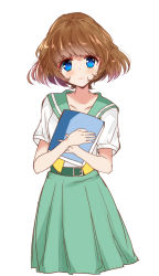 Rule 34 | 1girl, aozora middle school uniform, belt, blue eyes, blush, book, brown hair, closed mouth, commentary, green sailor collar, green skirt, haru (nature life), highres, ichinose minori, looking at viewer, hugging object, pleated skirt, precure, sailor collar, school uniform, serafuku, shirt, short hair, short sleeves, simple background, skirt, smile, solo, standing, tropical-rouge! precure, white background, white shirt