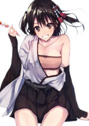 Rule 34 | 1girl, arm warmers, bare shoulders, breasts, brown eyes, brown hair, cosplay, dango, food, grin, hair ornament, japanese clothes, kantai collection, konkito, long hair, medium breasts, off shoulder, open clothes, remodel (kantai collection), sendai (kancolle), shouhou (kancolle) (cosplay), shouhou (kancolle), sitting, smile, solo, thighhighs, two side up, wagashi