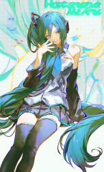 1girl alternate_hairstyle aqua_eyes aqua_hair aqua_nails aqua_trim black_headphones black_skirt black_sleeves black_thighhighs blue_nails blue_necktie collared_shirt detached_sleeves grey_shirt hatsune_miku hatsune_miku_(noodle_stopper) headphones headset high_side_ponytail highres huangdanlan long_hair meme nail_polish necktie pleated_skirt shirt side_ponytail sidetail_miku_noodle_stopper_(meme) sitting skirt sleeveless sleeveless_shirt solo thighhighs very_long_hair vocaloid