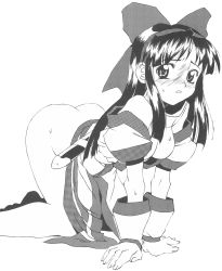 Rule 34 | 1girl, ainu clothes, all fours, ass, blush, bottomless, breasts, cleavage, clothes down, come hither, feet, hair ribbon, hanging breasts, highres, hisashi kadota, large breasts, long hair, looking at viewer, monochrome, nakoruru, no bra, ribbon, samurai spirits, snk, sweatdrop, weapon