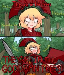 Rule 34 | 1girl, armor, blonde hair, breastplate, cape, centurii-chan, centurii-chan (artist), comic, english text, forest, gladius, greco-roman clothes, highres, holding, holding sword, holding weapon, legionnaire, meme, nature, open mouth, original, plume, profanity, red cape, roman clothes, roman empire, shield, short hair, soldier, sword, weapon