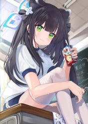 Rule 34 | 1girl, absurdres, alternate costume, animal ear fluff, animal ears, baba kirika, black hair, blue archive, blue halo, blue shorts, blue trim, breasts, classroom, closed mouth, commentary request, desk, drink, drinking straw, green eyes, gym shirt, gym uniform, halo, highres, holding, holding drink, indoors, juice box, long hair, looking at viewer, on desk, puffy short sleeves, puffy sleeves, school desk, shirt, short shorts, short sleeves, shorts, shun (blue archive), shun (small) (blue archive), sitting, small breasts, solo, thighhighs, tiger ears, tiger girl, twintails, white shirt, white thighhighs