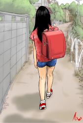 Rule 34 | 1girl, artist request, backpack, bag, black hair, child, from behind, highres, outdoors, randoseru, shorts, tagme