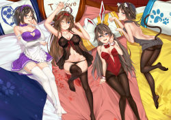 Rule 34 | 4girls, absurdres, ahoge, alternate costume, animal ears, apron, ass, b3b, babydoll, backless dress, backless outfit, black hair, black legwear, black panties, blue eyes, blush, breasts, bridal gauntlets, brown hair, cat ears, cat tail, cleavage, cleavage cutout, clothing cutout, detached collar, double bun, dress, elbow gloves, enmaided, fake animal ears, garter straps, glasses, gloves, grey eyes, hair ornament, hairband, hairclip, haruna (kancolle), heart cutout, hiei (kancolle), highres, kantai collection, kirishima (kancolle), kongou (kancolle), lace, lace-trimmed legwear, lace trim, large breasts, leotard, lingerie, long hair, lying, maid, maid apron, maid headdress, medium breasts, meme attire, multiple girls, navel, on back, one eye closed, panties, pantyhose, paw pose, pillow, playboy bunny, rabbit ears, red leotard, short hair, smile, strapless, strapless leotard, sweater, tail, take your pick, thighband pantyhose, thighhighs, turtleneck, turtleneck sweater, underwear, virgin killer sweater, waist apron, white gloves, white legwear, wrist cuffs