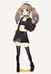 Rule 34 | 1girl, absurdres, black footwear, black hairband, black nails, black skirt, black thighhighs, bow, collar, cross, full body, grey hair, hairband, halo, hand up, highres, jacket, long hair, midriff, nail polish, navel, open clothes, open jacket, orange bow, original, parted lips, piru (exp 66), pleated skirt, shoes, skirt, solo, standing, thighhighs, twintails, yellow eyes, zipper, zipper pull tab