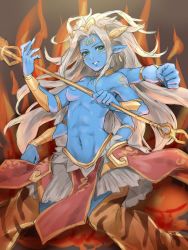 Rule 34 | 1girl, bad id, bad pixiv id, blue skin, colored skin, extra arms, gender request, genderswap, green eyes, hinase kanoto, jewelry, lots of jewelry, pointy ears, puzzle &amp; dragons, shiva (p&amp;d), solo, white hair