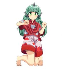 Rule 34 | 1girl, :3, aqua hair, barefoot, buttons, closed mouth, cloud print, collared shirt, commentary request, curly hair, green eyes, heart, highres, horns, kariyushi shirt, komano aunn, long hair, paw pose, red shirt, shirt, short sleeves, simple background, single horn, thick eyebrows, toes, touhou, white background, yugiri (yugiri picture)
