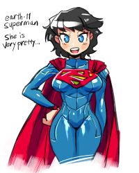 Rule 34 | 1girl, black hair, blue eyes, breasts, cape, clara kent, dc comics, english text, genderswap, genderswap (mtf), hiryou man (crap-man), looking at viewer, solo, superman, superman (series), text focus