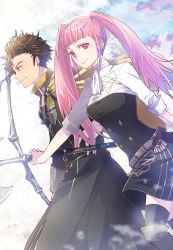 Rule 34 | 1boy, 1girl, axe, belt, black dress, black footwear, black thighhighs, blunt bangs, boots, bow (weapon), breasts, brown hair, buttons, capelet, claude von riegan, closed mouth, cowboy shot, double-breasted, dress, earrings, eyelashes, fire emblem, fire emblem: three houses, from side, garreg mach monastery uniform, green eyes, highres, hilda valentine goneril, jewelry, lips, long hair, looking at viewer, medium breasts, nakaya (drwh7757), nintendo, off-shoulder dress, off shoulder, pink eyes, pink hair, profile, short dress, short hair, short sleeves, side-by-side, sideburns, smile, spiked hair, thigh boots, thighhighs, thighhighs under boots, thighs, twintails, walking, weapon, yellow capelet, zettai ryouiki