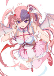 Rule 34 | 1girl, absurdres, ahoge, asymmetrical legwear, bell, belt, black nails, blush, breasts, chest belt, choker, demon horns, demon tail, demon wings, dress, hair ornament, head wings, heart, heart ahoge, heart hair ornament, highres, horns, ironmouse, ironmouse (demon form), jingle bell, large breasts, long hair, looking at viewer, low wings, mary janes, multicolored hair, multiple wings, n2tat, nail polish, o-ring, o-ring choker, open mouth, pink belt, pink choker, pink footwear, pink hair, pink skirt, pink thighhighs, pointy ears, purple eyes, purple hair, shoes, skirt, smile, solo, streaked hair, tail, thigh strap, thighhighs, twintails, virtual youtuber, vshojo, white dress, white thighhighs, white wrist cuffs, wings, wrist cuffs