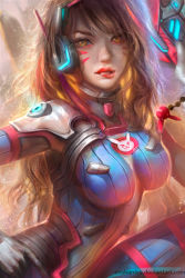 Rule 34 | 1girl, animal print, bodysuit, breasts, brown hair, d.va (overwatch), enshanlee, eyebrows, facepaint, facial mark, freckles, headset, impossible clothes, impossible shirt, lips, long hair, looking at viewer, medium breasts, nose, overwatch, overwatch 1, rabbit print, shirt, skin tight, solo, swept bangs, text focus, upper body, watermark, web address, whisker markings, yellow eyes