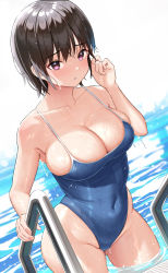 Rule 34 | 1girl, blue one-piece swimsuit, blush, breasts, brown hair, cleavage, collarbone, commentary request, covered navel, duplicate, dutch angle, gluteal fold, highres, impossible clothes, impossible swimsuit, large breasts, one-piece swimsuit, original, parted lips, partially submerged, pink eyes, pixel-perfect duplicate, pool, pool ladder, school swimsuit, short hair, skindentation, solo, standing, swimsuit, taniguchi daisuke (surumenium), taut clothes, taut swimsuit, thighs, undersized clothes, water, wet, white background
