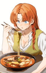 Rule 34 | 1girl, blue eyes, braid, breast rest, breasts, breasts on table, chopsticks, cleavage, eating, food, green vest, highres, holding, holding chopsticks, hong meiling, large breasts, long hair, looking at food, noodles, open mouth, ramen, red hair, sarukana, shirt, single braid, solo, sweatdrop, touhou, vest, white background, white shirt