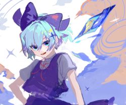 Rule 34 | 1girl, bad id, bad twitter id, blue bow, blue dress, blue hair, blue wings, blush, bow, cirno, commentary request, dress, hair between eyes, highres, ice, ice wings, kusariuta, looking at viewer, neck ribbon, one-hour drawing challenge, red ribbon, ribbon, shirt, short hair, short sleeves, solo, touhou, upper body, white shirt, wings