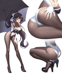 Rule 34 | 1girl, absurdres, azur lane, black footwear, black hair, black pantyhose, breasts, cleavage, hand on own ass, high heels, high ponytail, highres, large breasts, leotard, long hair, long legs, looking at viewer, nolan, official alternate costume, pantyhose, ponytail, race queen, ribbon, solo, squatting, takao (azur lane), takao (full throttle charmer) (azur lane), umbrella, white background, white leotard, white ribbon, yellow eyes