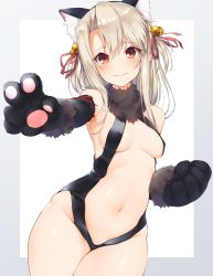 Rule 34 | 1girl, animal ear fluff, animal ears, animal hands, bare shoulders, bell, black gloves, black leotard, blush, border, breasts, cat ears, center opening, closed mouth, elbow gloves, fate/kaleid liner prisma illya, fate (series), fur collar, gloves, grey border, hair between eyes, hair ribbon, hand gesture, hechi (hechi322), highres, illyasviel von einzbern, jingle bell, leotard, long hair, looking at viewer, navel, official alternate costume, outstretched arm, paw gloves, red eyes, red ribbon, ribbon, simple background, small breasts, smile, solo, tail, two side up, v, white background, white hair, wide hips
