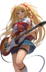 Rule 34 | 1girl, absurdres, blonde hair, blue eyes, braid, breasts, collarbone, collared shirt, electric guitar, feet out of frame, fishnet socks, fishnets, from below, grin, guitar, highres, instrument, large breasts, long hair, looking at viewer, miniskirt, mouth hold, music, original, plaid, plaid skirt, playing instrument, plectrum, school uniform, shirt, simple background, skirt, sleeves rolled up, smile, socks, solo, teeth hold, thigh strap, two side up, underbust, very long hair, vziu, white background, white shirt