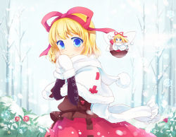 Rule 34 | 2girls, bare tree, blonde hair, blue eyes, blush, bubble skirt, capelet, doll, fairy wings, flower, hair ribbon, huge bow, long sleeves, medicine melancholy, mito tsubaki, mittens, multiple girls, phantasmagoria of flower view, puffy short sleeves, puffy sleeves, red flower, ribbon, scarf, short sleeves, size difference, skirt, smile, su-san, tareme, touhou, tree, waving, wings, winter, winter clothes