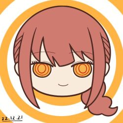 Rule 34 | 1girl, 2022, chainsaw man, chibi, dated, eyelashes, head, hypnosis, looking at viewer, lowres, makima (chainsaw man), mind control, orange background, orange eyes, ponytail, red hair, ringed eyes, smile, two-tone background, white background, yuno385