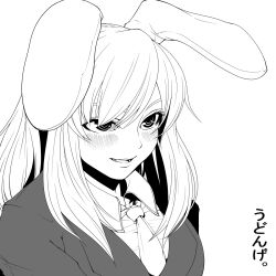 Rule 34 | 1girl, animal ears, blush, commentary request, greyscale, haseru (ginku mh), highres, long hair, monochrome, necktie, open mouth, rabbit ears, rabbit girl, reisen udongein inaba, sidelocks, solo, touhou, translation request, upper body