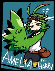 Rule 34 | 1girl, amelia (khimera), antenna hair, aqua background, bird wings, character name, flat color, frown, full body, goggles, goggles on head, green hair, half-closed eyes, harpy, khimera destroy all monster girls, monster girl, oekaki, remoremora, simple background, solo, winged arms, wings