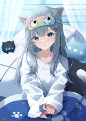 Rule 34 | 1girl, absurdres, animal ears, black nails, blanket, blue eyes, cat ears, cat girl, cat tail, expressionless, grey hair, highres, indie virtual youtuber, long hair, long sleeves, looking at viewer, mask, mask on head, nachoneko, parted lips, shinshia (sinsia 0928), shirt, sleep mask, sleeves past wrists, solo, tail, under covers, virtual youtuber, white shirt