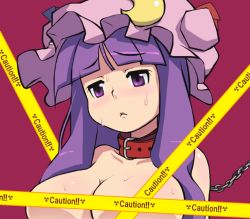 Rule 34 | 1girl, :&lt;, bdsm, blueberry (5959), blunt bangs, breasts, caution tape, censored, chain, collar, collarbone, crescent, crescent hair ornament, female focus, hair ornament, hat, large breasts, long hair, mob cap, nude, patchouli knowledge, purple eyes, purple hair, simple background, solo, sweat, touhou