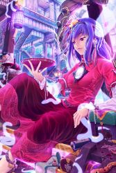 Rule 34 | 1girl, architecture, artist name, breasts, building, cup, dated, dress, east asian architecture, embellished costume, flower, hair flower, hair ornament, highres, holding, lantern, looking away, medium breasts, mirror, mishaguji, outdoors, purple hair, red eyes, rope, rovyt, sakazuki, scroll, shimenawa, signature, sitting, snake, solo, touhou, yasaka kanako