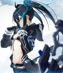 Rule 34 | 1girl, bikini, bikini top only, black gloves, black hair, black jacket, black rock shooter, black rock shooter (character), black rock shooter fragment, black shorts, blue eyes, breasts, chromatic aberration, commentary, cowboy shot, elishka (black rock shooter), expressionless, flaming eye, gloves, glowing, glowing eye, highres, jacket, long hair, midriff, navel, open clothes, open jacket, pale skin, scottie (phantom2), shorts, small breasts, solo, star-shaped pupils, star (symbol), stomach, swimsuit, symbol-shaped pupils, twintails, uneven twintails, weapon