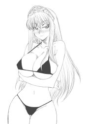 Rule 34 | 00s, bikini, blush, breasts, cleavage, covered erect nipples, crossed arms, crown, fuyube rion, greyscale, hat, hime (kaibutsu oujo), hip focus, kaibutsu oujo, large breasts, long hair, micro bikini, monochrome, naughty face, sideboob, smile, solo, swimsuit, tiara, underboob, very long hair, wide hips