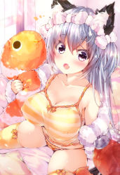 Rule 34 | 1girl, :o, alarm clock, animal ear fluff, animal ears, bare shoulders, bed sheet, blush, bow, breasts, camisole, cat ears, cleavage, clock, collarbone, commentary request, covered erect nipples, curtains, fang, grey hair, hair between eyes, highres, indoors, jacket, large breasts, long hair, long sleeves, looking at viewer, notice lines, hugging object, off shoulder, ooji cha, open clothes, open jacket, open mouth, orange bow, orange panties, orange thighhighs, original, oziko (ooji cha), panties, pillow, purple eyes, sitting, skindentation, sleeves past wrists, solo, spread legs, striped, striped camisole, stuffed toy, thighhighs, underwear, underwear only, very long hair, white jacket, window